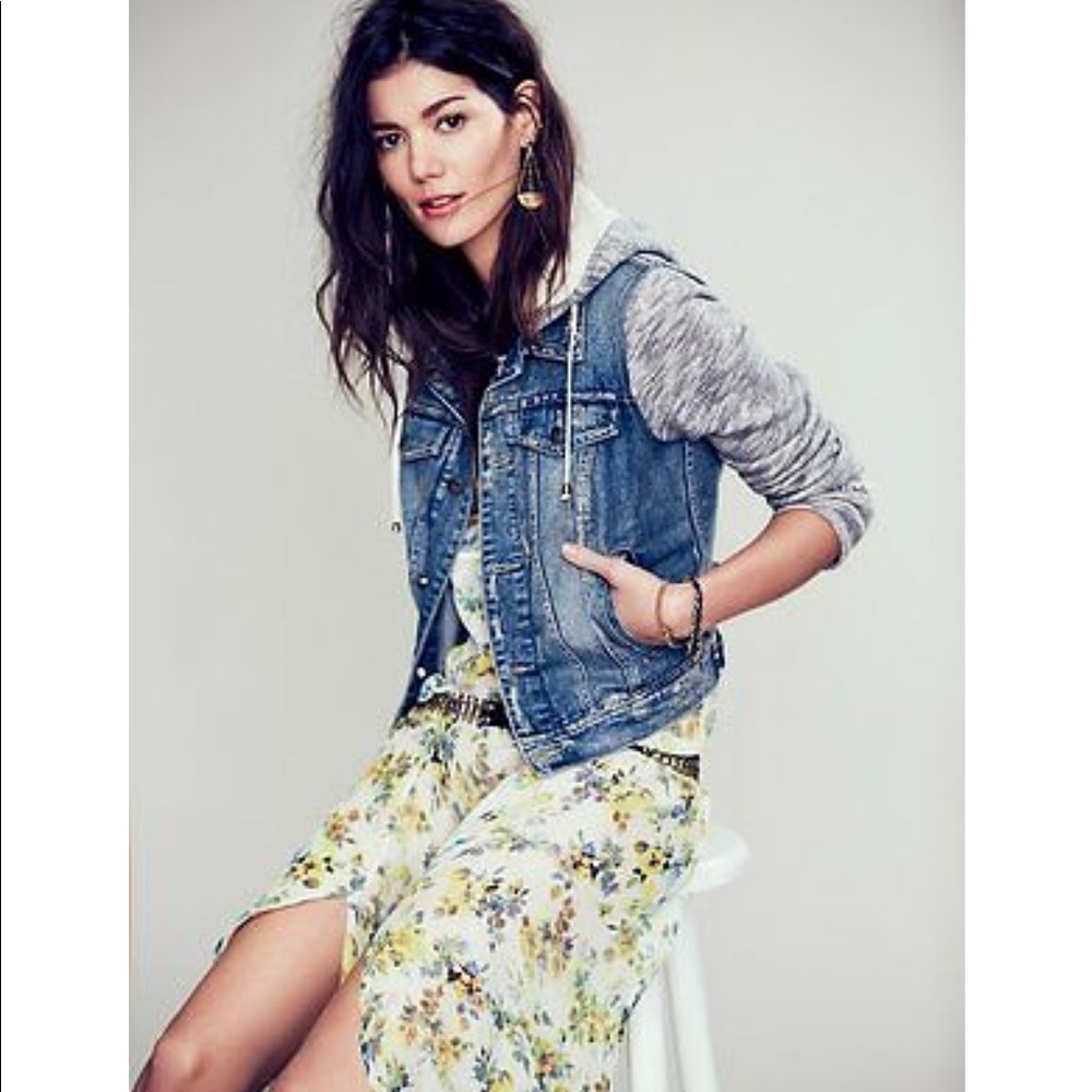 Free People Denim Jacket with Knit Sleeves and Hood XS